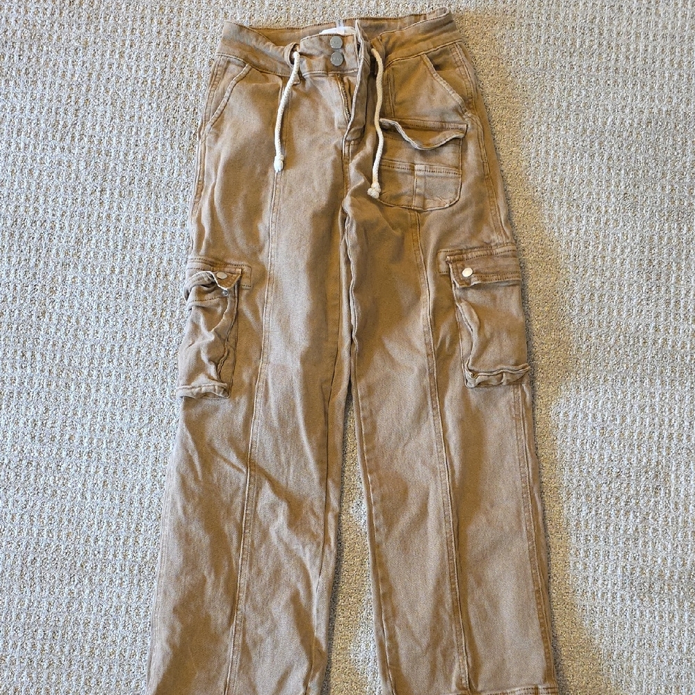 Tan Cargo Pants with Drawstring, Wide Leg